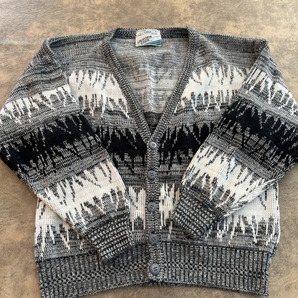 Vintage Cardigan Sweater Men's M UNIFORM CODE Grayscale Retro Grandpa